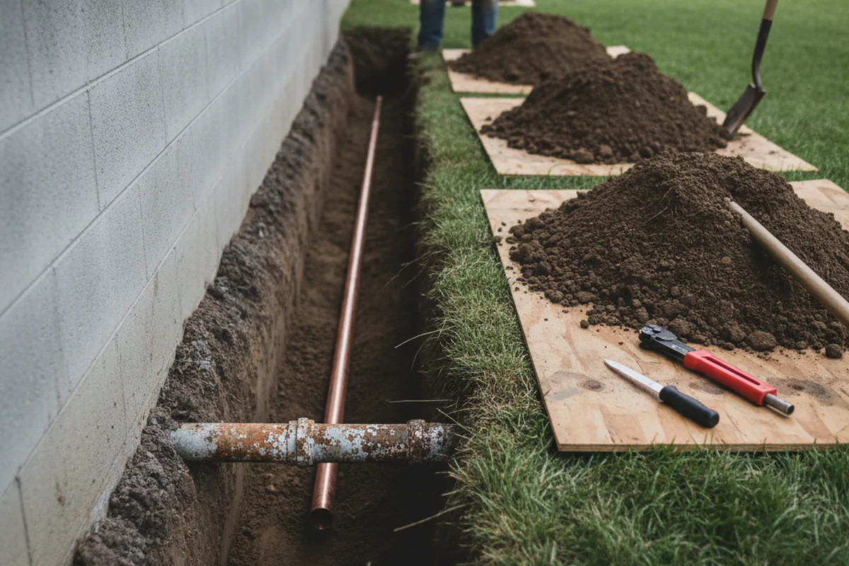 Excavated water line trench during Sewer Line Repair in Carbondale